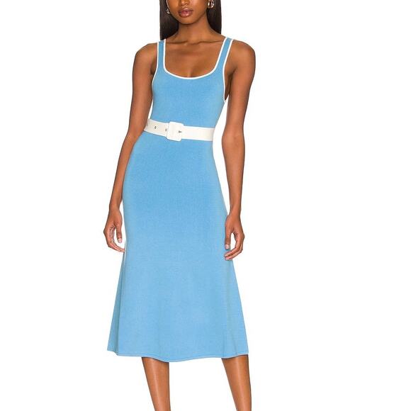 JoosTricot Midi Tank Dress S Knit Belted Waist Square Neck Cornflower NWD - Picture 1 of 11